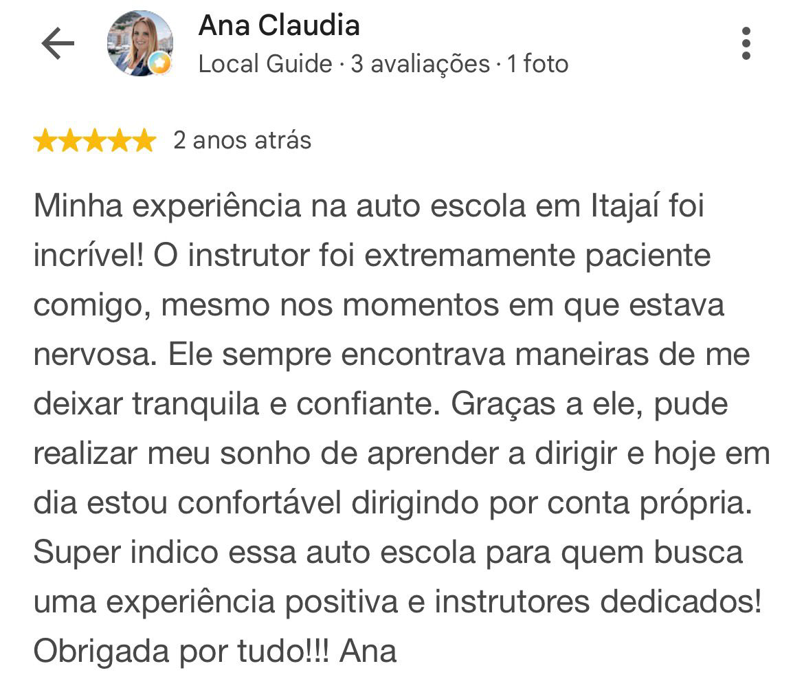 Avaliação cinco estrelas de Ana Claudia no Google para a Auto Escola JC