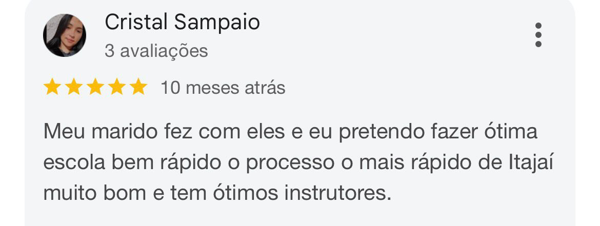 Avaliação cinco estrelas de Cristal Sampaio no Google para a Auto Escola JC