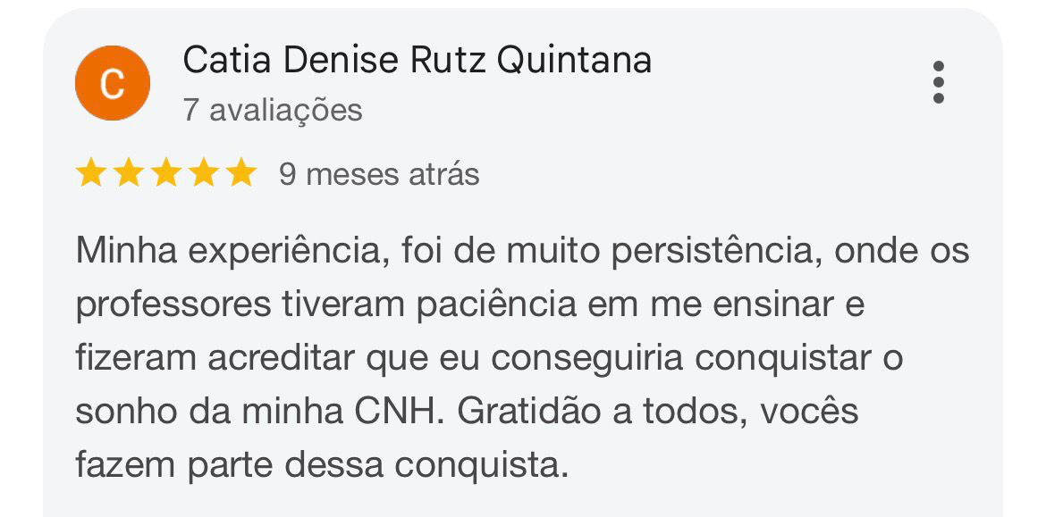 Avaliação cinco estrelas de Catia Denise no Google para a Auto Escola JC