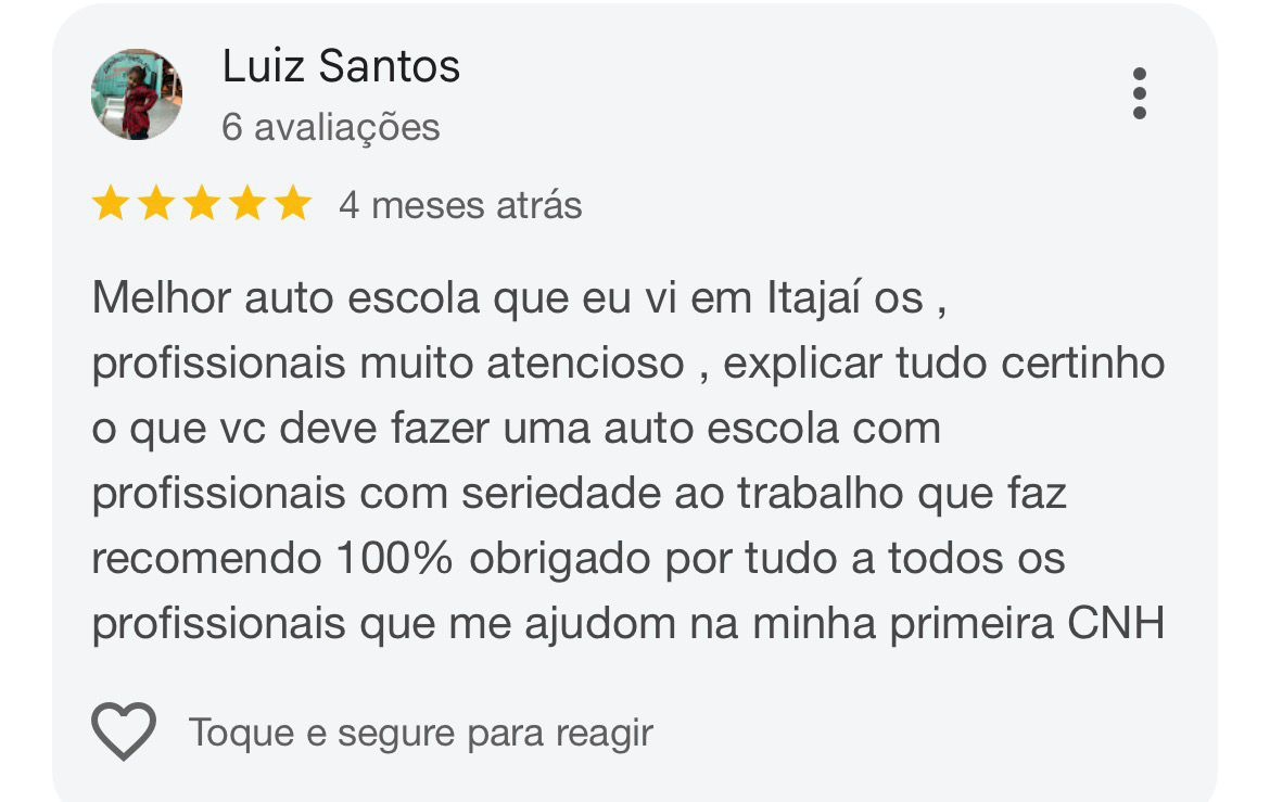 Avaliação cinco estrelas de Luiz Santos no Google para a Auto Escola JC